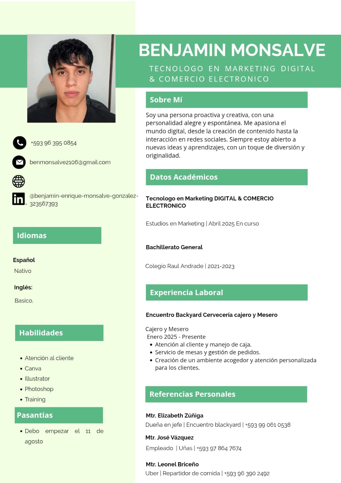 Vista previa del currículum de Benjamín Enrique Monsalve González